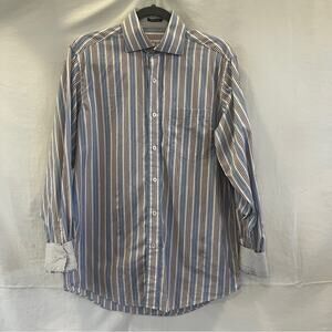 Bugatchi Classic Fit Button Down Shirt Mens Striped Blue Brown Ivory Preppy Edgy